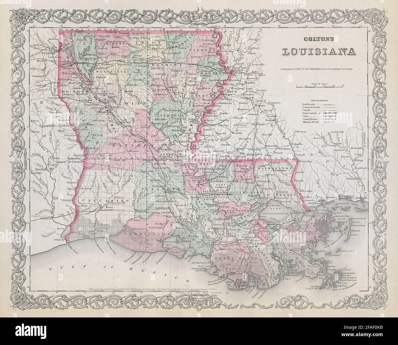 Colton's Louisiana. Decorativo antico Stati Uniti mappa 1869 vecchia carta Foto Stock