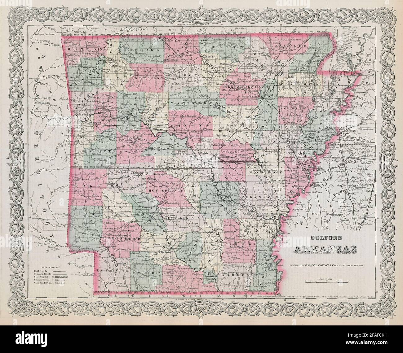 Colton, Arkansas. Decorativo antico Stati Uniti mappa 1869 vecchia carta Foto Stock