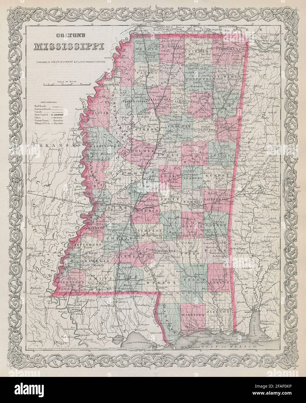 Mississippi di Colton. Decorativo antico Stati Uniti mappa 1869 vecchio Foto Stock