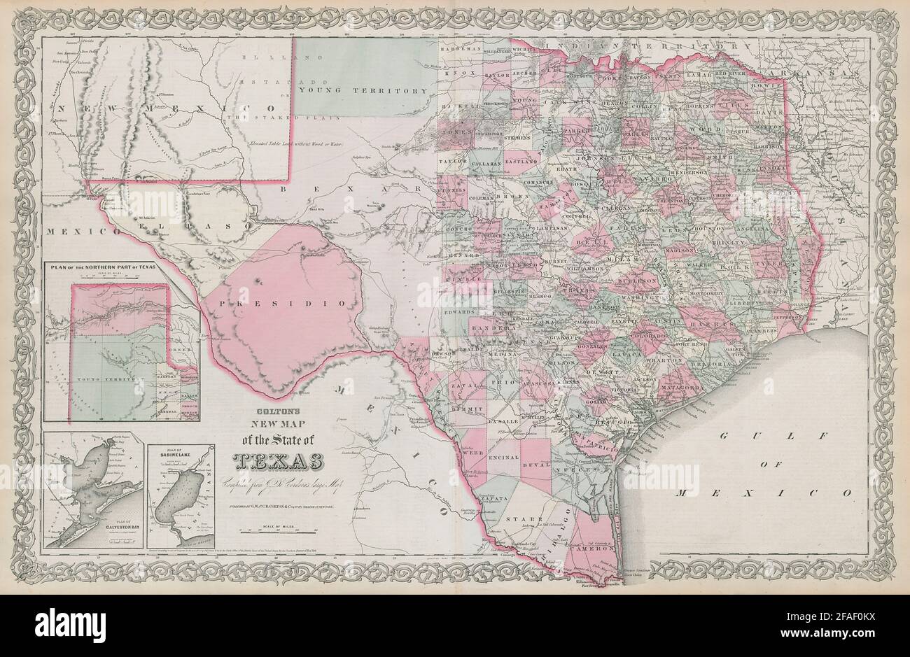 La nuova mappa di Colton dello stato del Texas. Decorativo US antica mappa 1869 vecchio Foto Stock