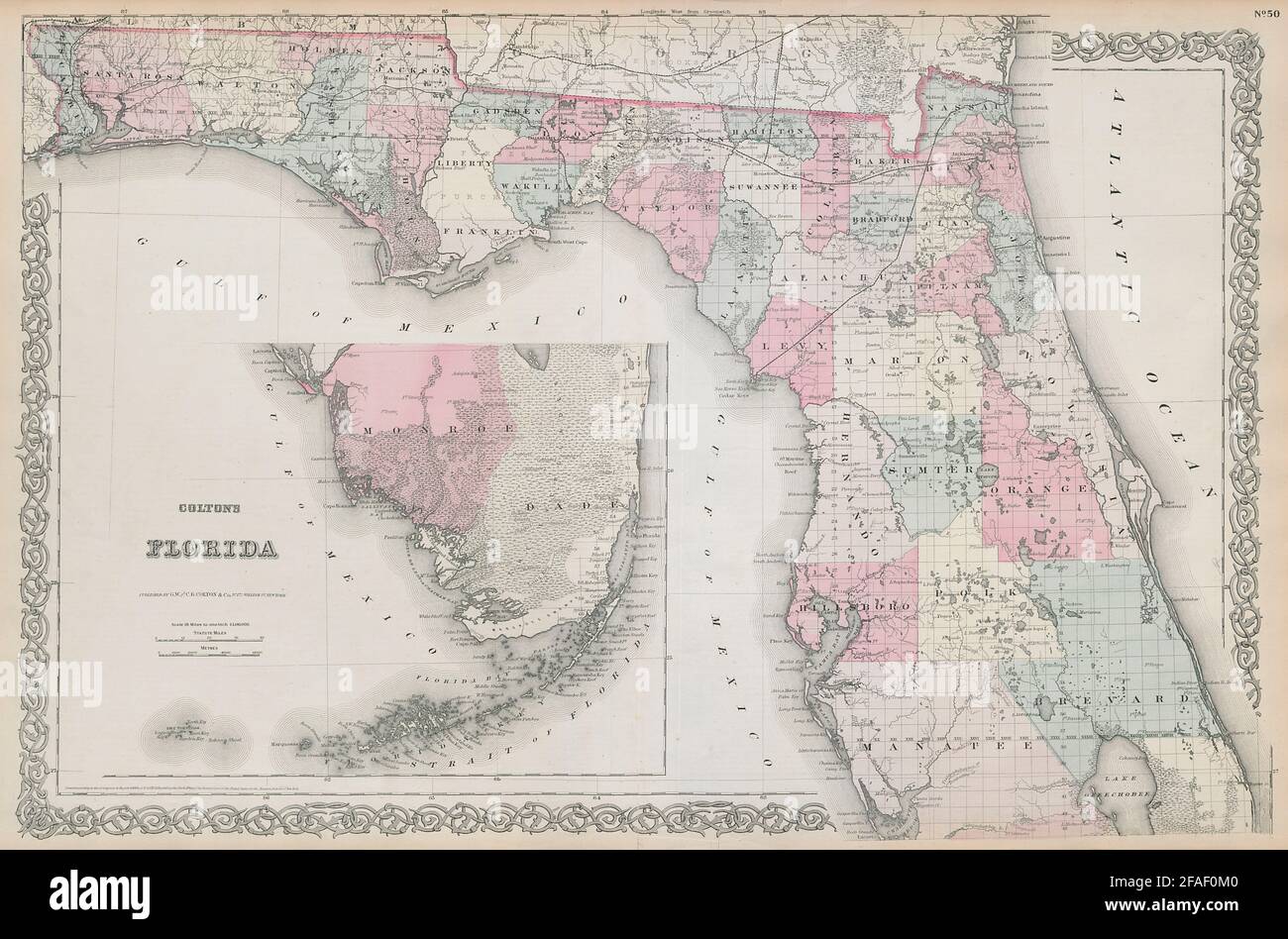Florida. Decorativo antica mappa di stato degli Stati Uniti. Piedi Lauderdale Tampa. COLTON 1869 Foto Stock