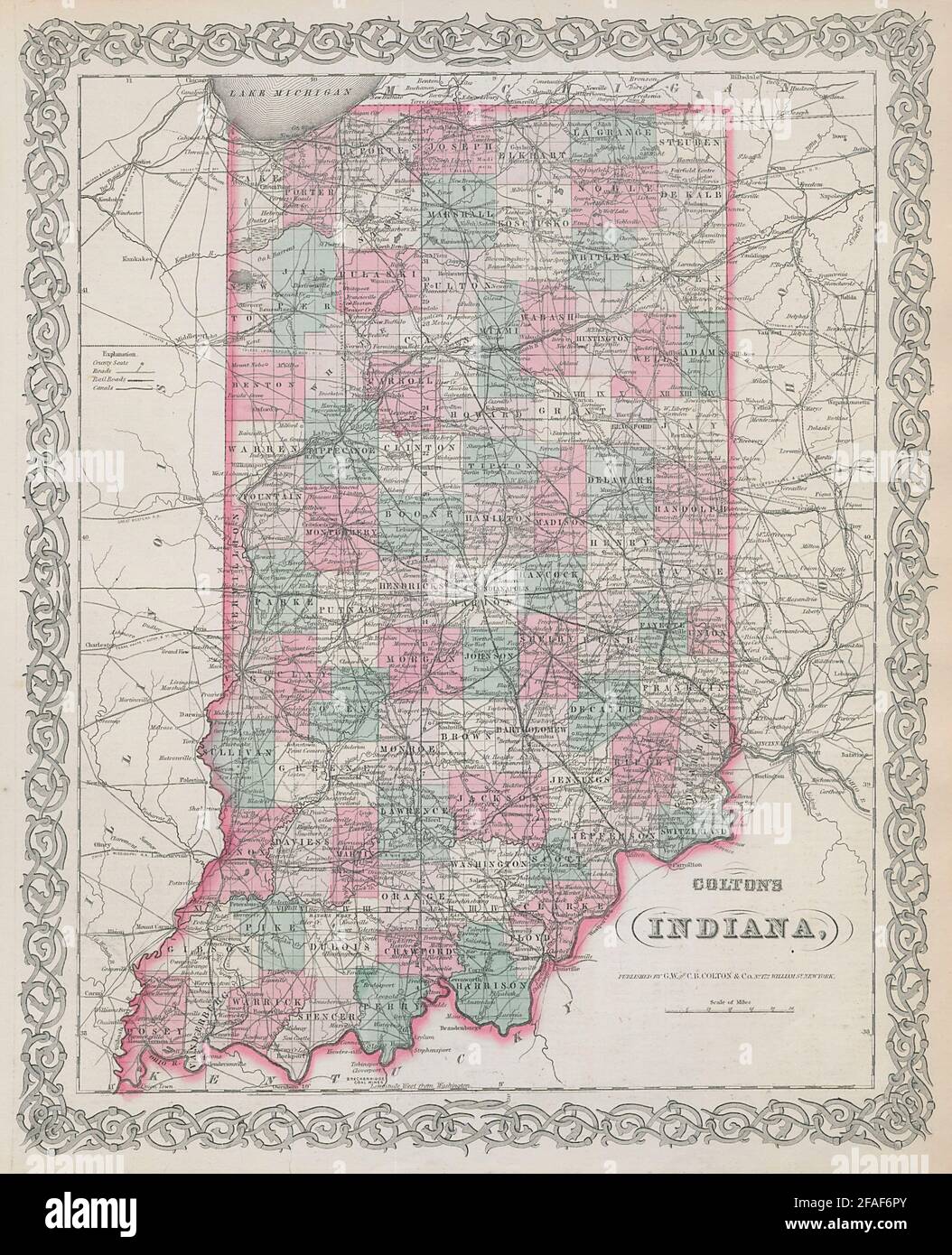Colton, Indiana. Decorativo antico Stati Uniti mappa 1869 vecchia carta Foto Stock