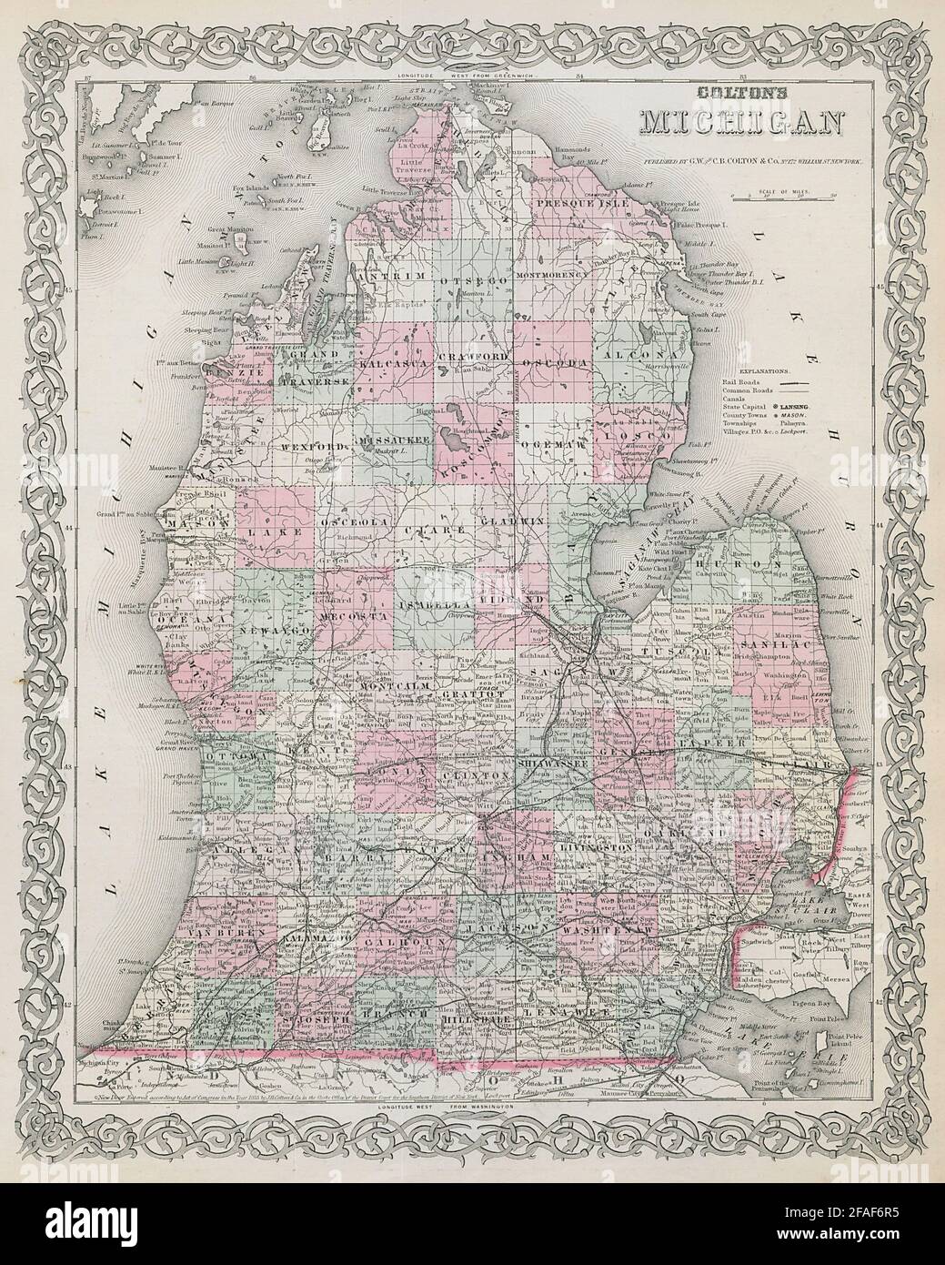 Colton's Michigan. Decorativo antico Stati Uniti mappa 1869 vecchia carta Foto Stock