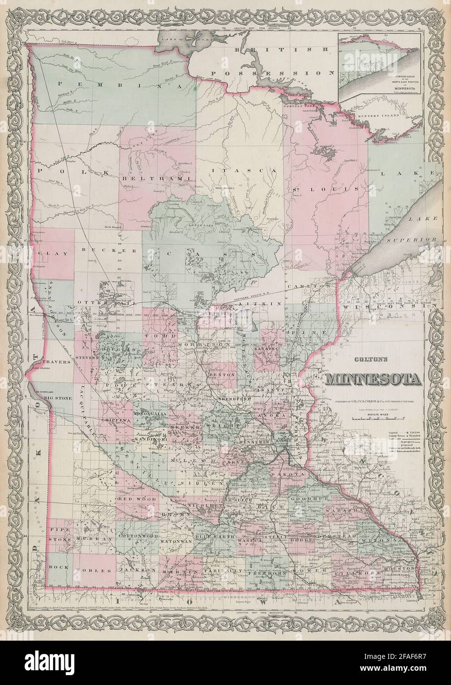 Colton's Minnesota. Decorativo antico Stati Uniti mappa 1869 vecchia carta Foto Stock