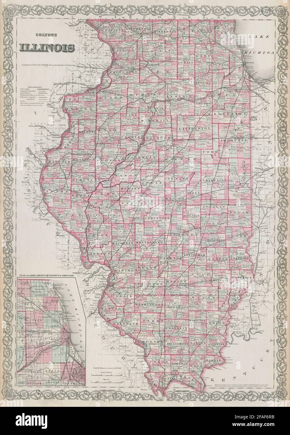 Colton, Illinois. Decorativo antico Stati Uniti mappa 1869 vecchia carta Foto Stock Colton, Illinois. Decorativo antico Stati Uniti mappa 1869 vecchia carta Foto Stock