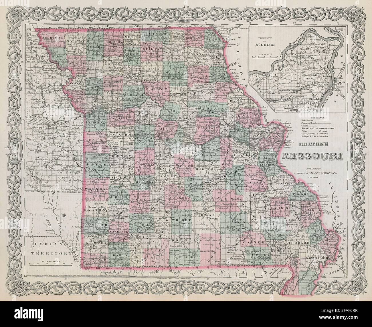 Colton's Missouri. Decorativo antico Stati Uniti mappa 1869 vecchia carta Foto Stock