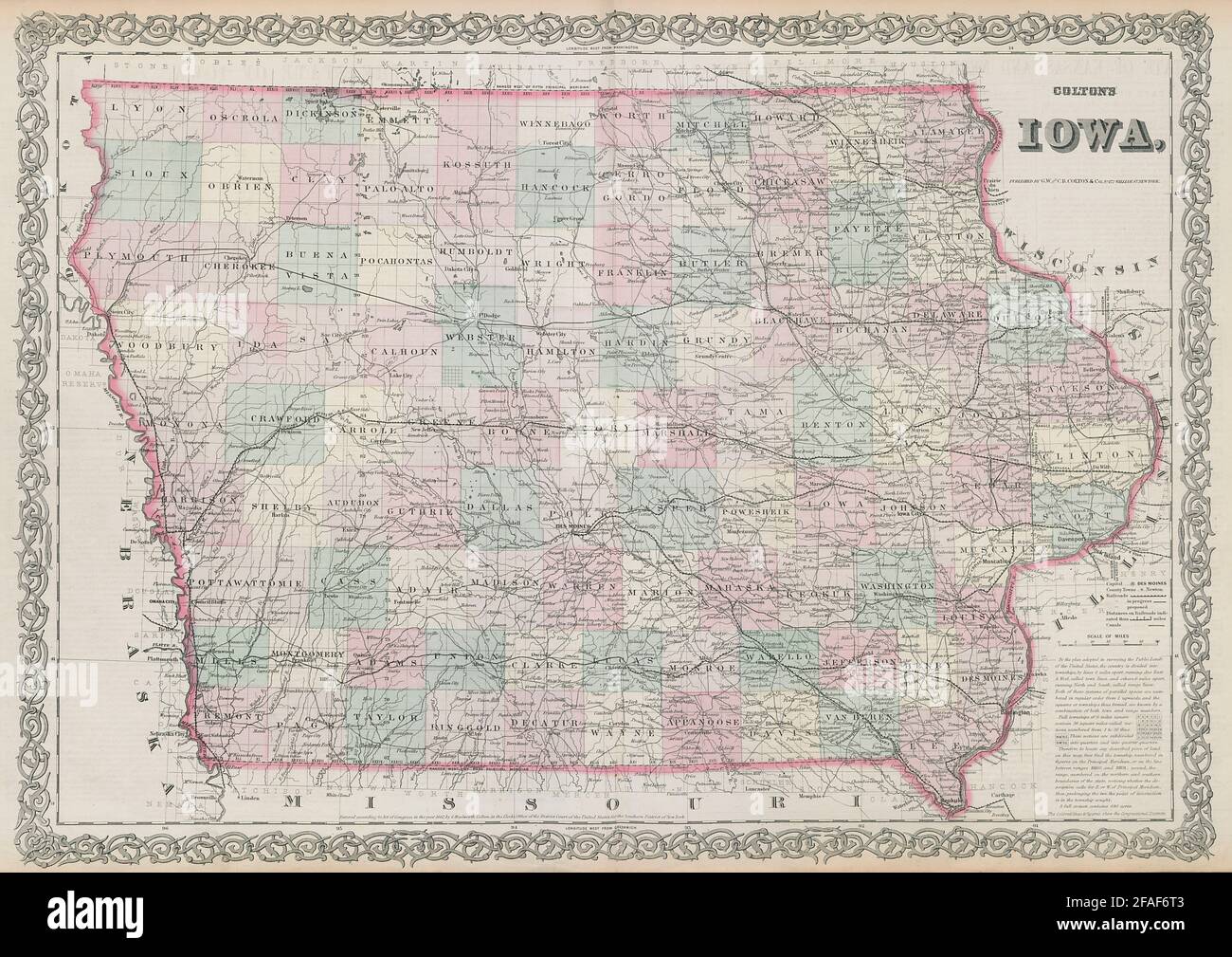 Colton's Iowa. Decorativo antico Stati Uniti mappa 1869 piano vecchio grafico Foto Stock
