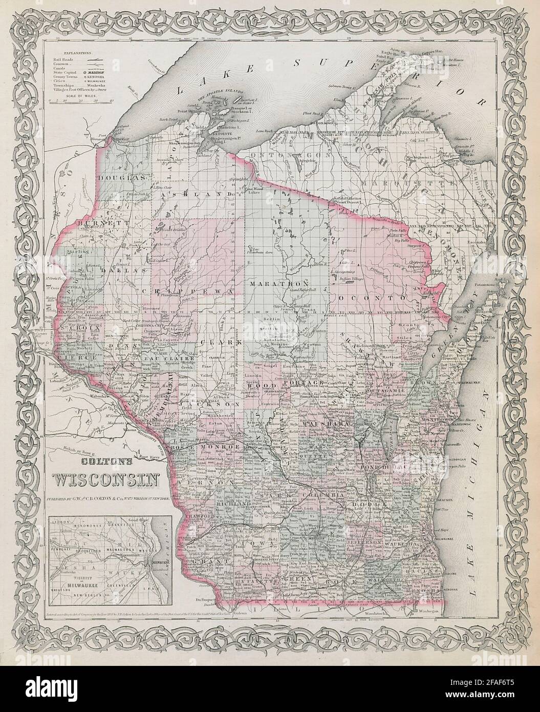 Colton's Wisconsin. Decorativo antico Stati Uniti mappa 1869 vecchia carta Foto Stock