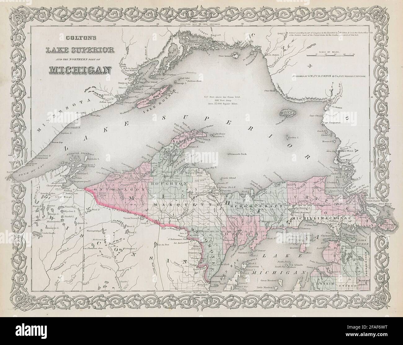 Colton's Lake Superior e la parte settentrionale del Michigan. Mappa degli Stati UNITI 1869 Foto Stock