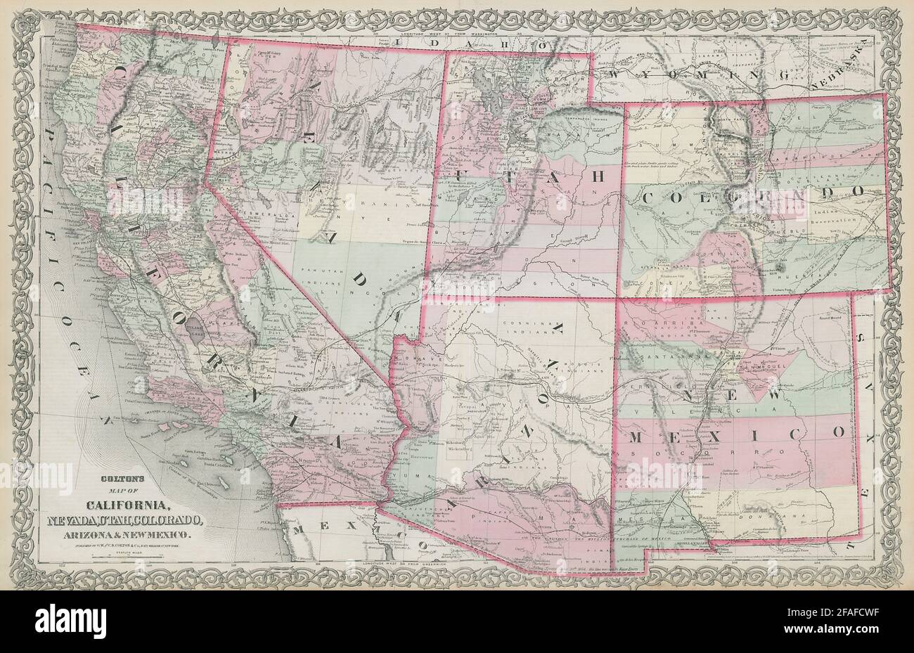 Mappa di Colton di California, Nevada, Utah, Colorado, Arizona e New Mexico 1869 Foto Stock