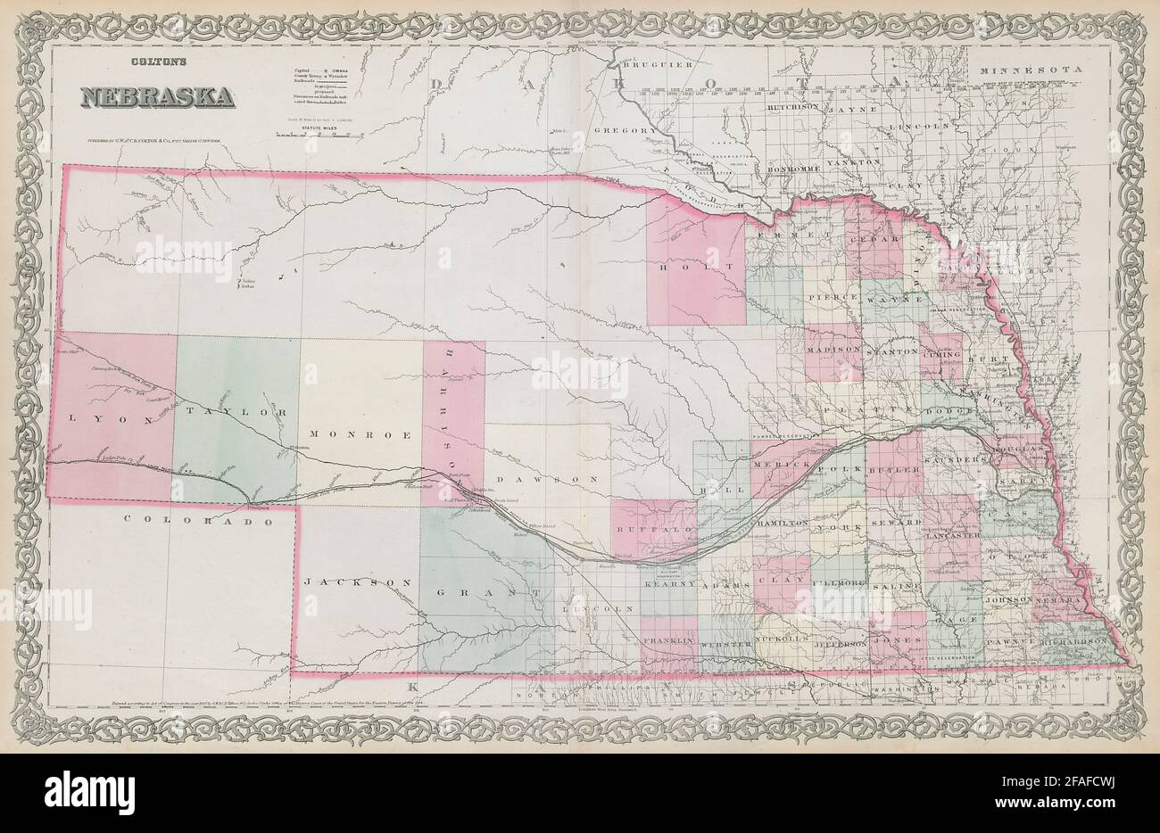 Colton, Nebraska. Decorativo antico Stati Uniti mappa 1869 vecchia carta Foto Stock