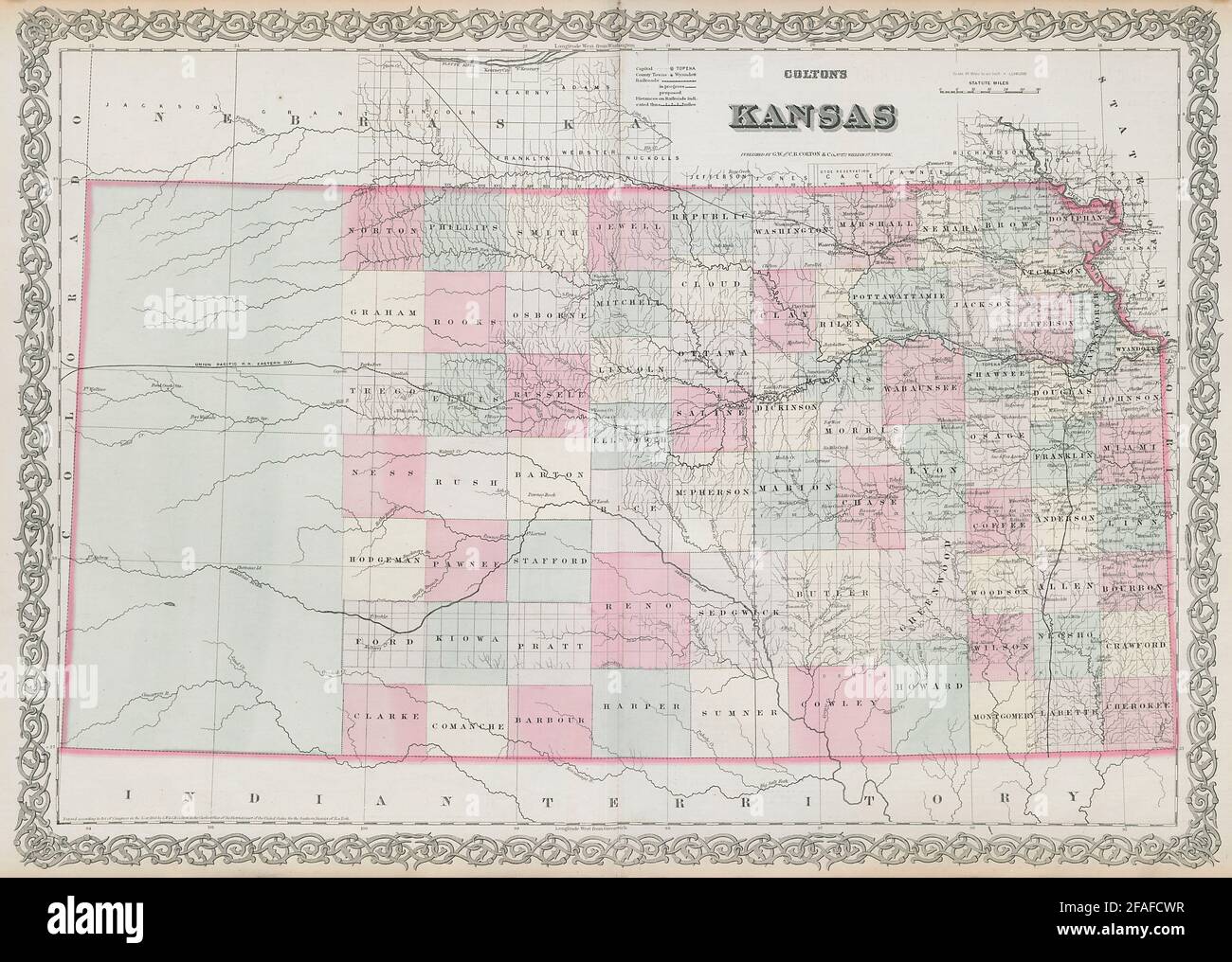 Colton's Kansas. Decorativo antico Stati Uniti mappa 1869 vecchia carta Foto Stock