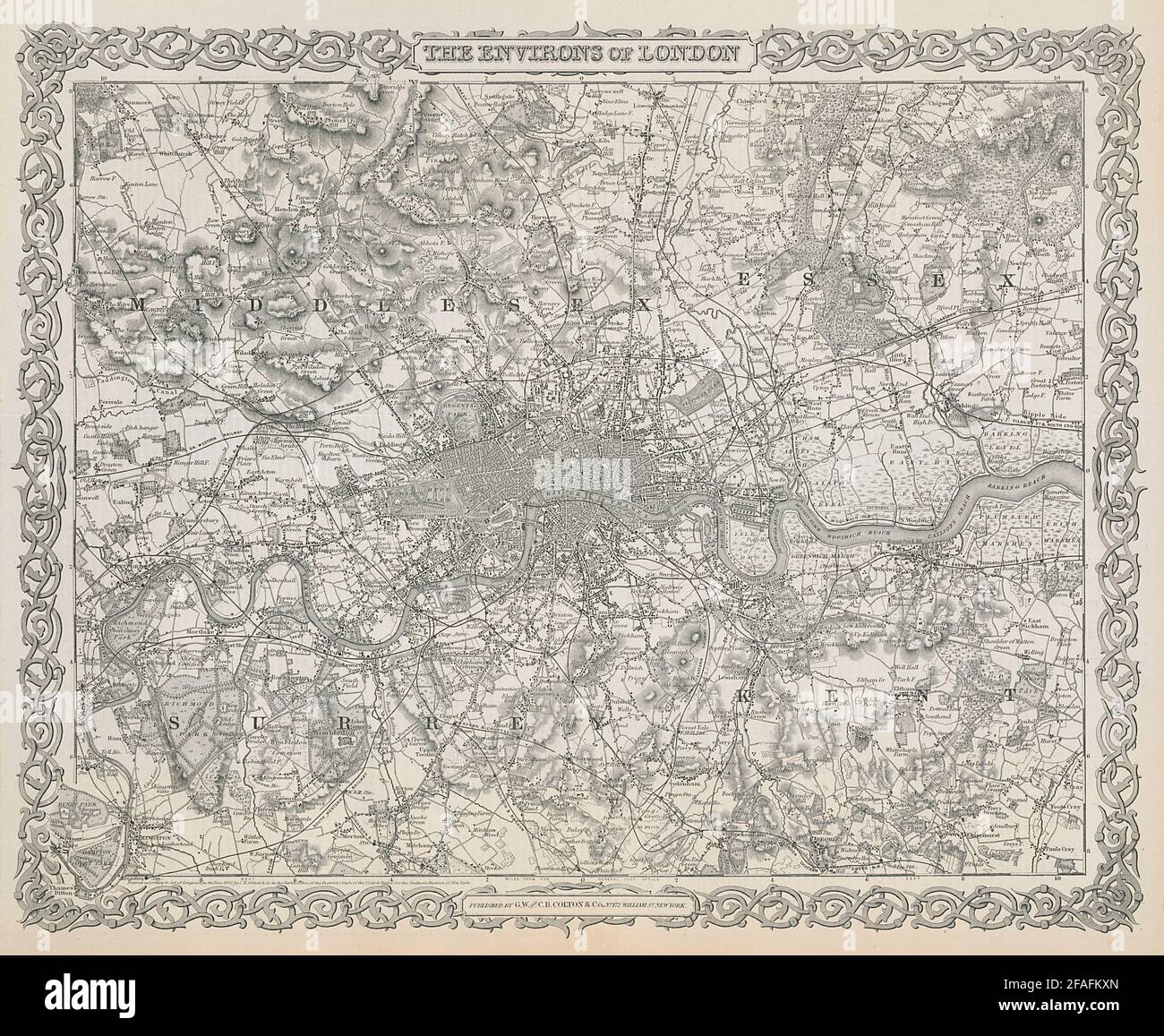 I dintorni di Londra. Mappa decorativa antica. COLTON 1869 vecchio Foto Stock