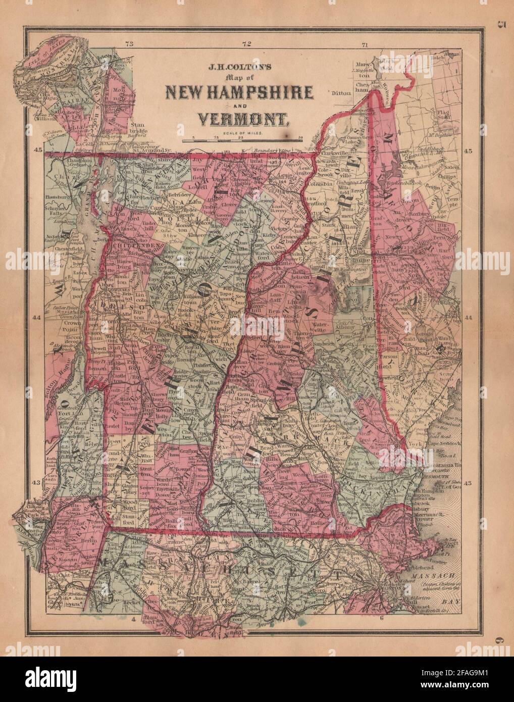 La mappa di J. H. Colton del New Hampshire e del Vermont 1864 vecchia carta antica Foto Stock