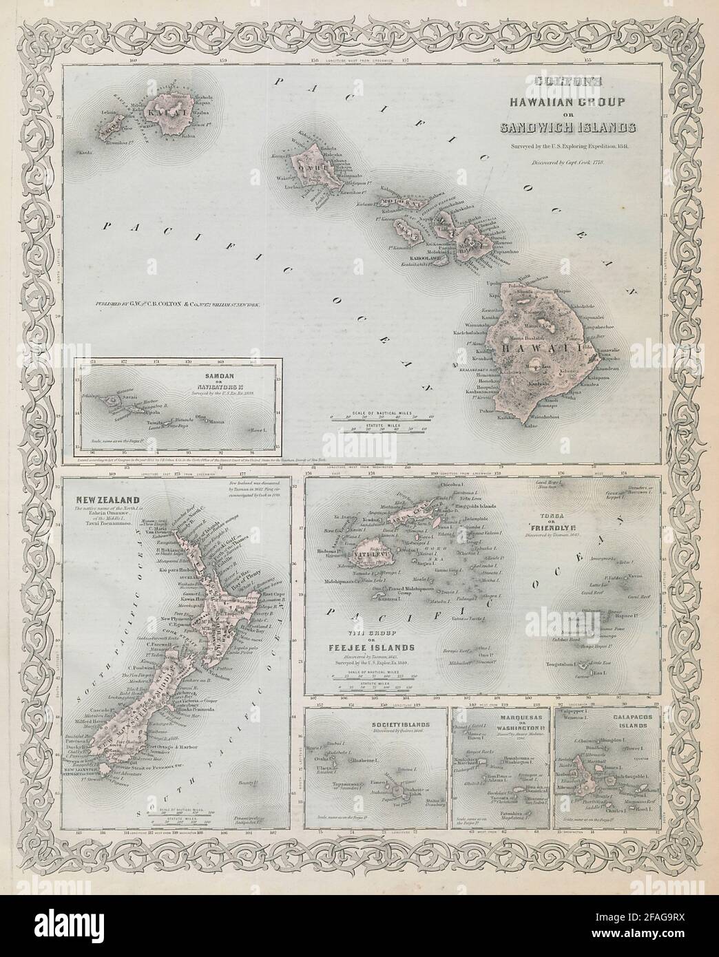 Isole del Pacifico. Hawaii Nuova Zelanda Figi Tonga Polinesia Samoa. MAPPA DI COLTON 1869 Foto Stock