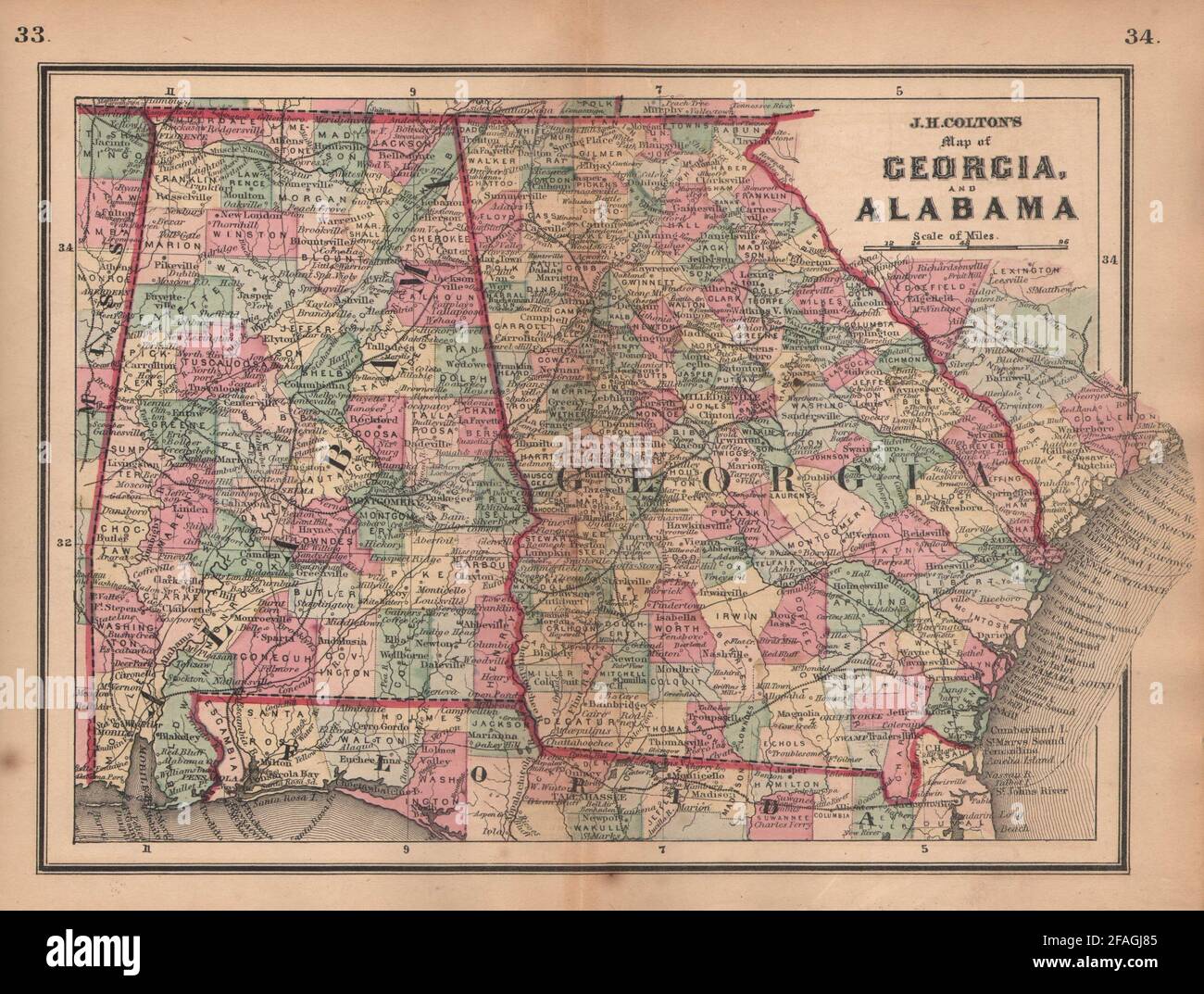 J. H. Colton's mappa della Georgia e Alabama 1864 vecchia carta piano antico Foto Stock