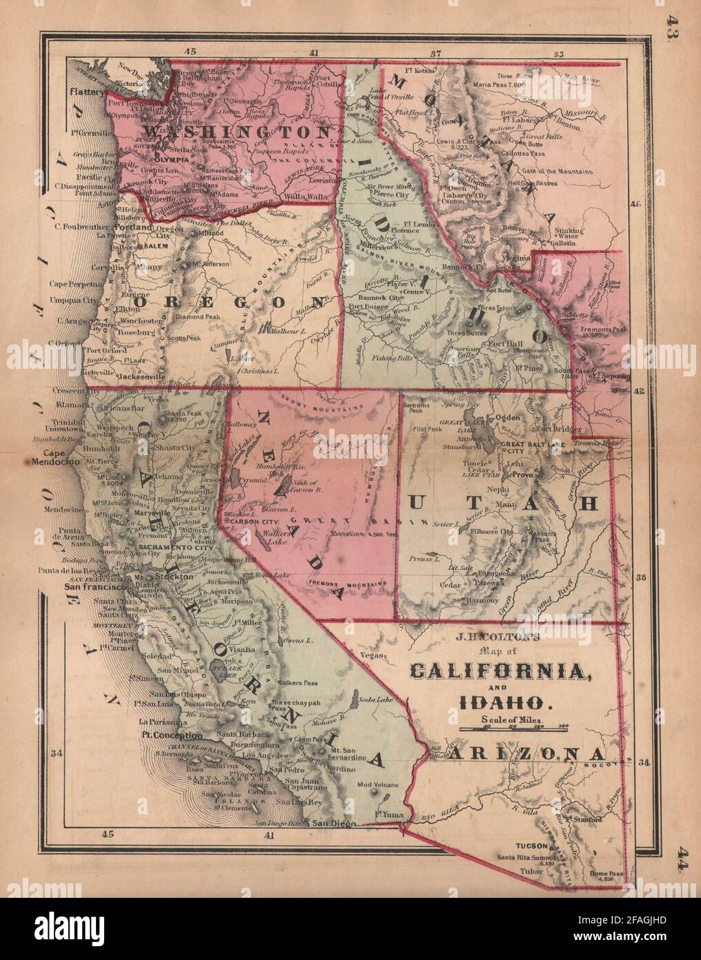 La mappa di Colton della California & Idaho. Oregon Washington Montana Utah Arizona 1864 Foto Stock