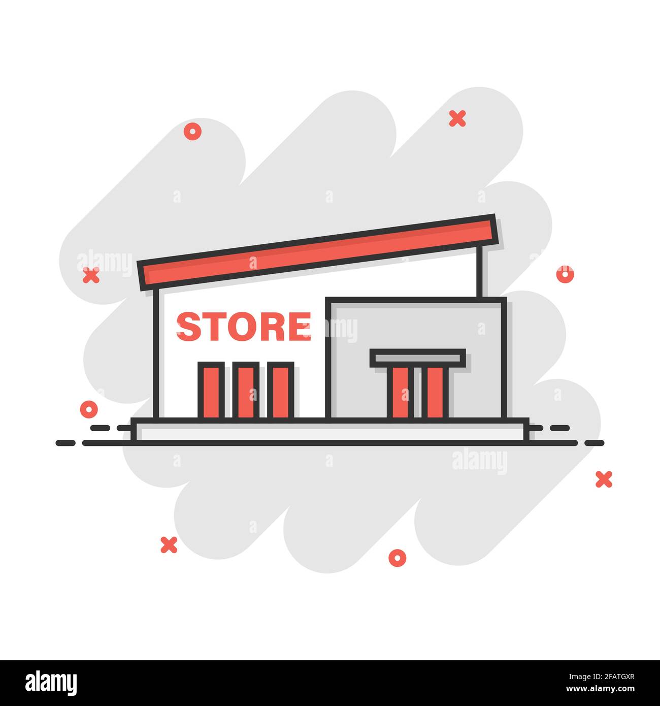 Icona Mall in stile comico. Memorizzazione di illustrazioni vettoriali su sfondo bianco isolato. Acquista Splash Effect business concept. Illustrazione Vettoriale