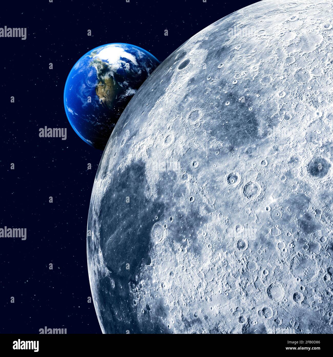 Vista della Luna e della Terra. Crateri e valli lunari. Avamposto lunare e nuove frontiere. Punto di partenza per viaggi interstellari Foto Stock
