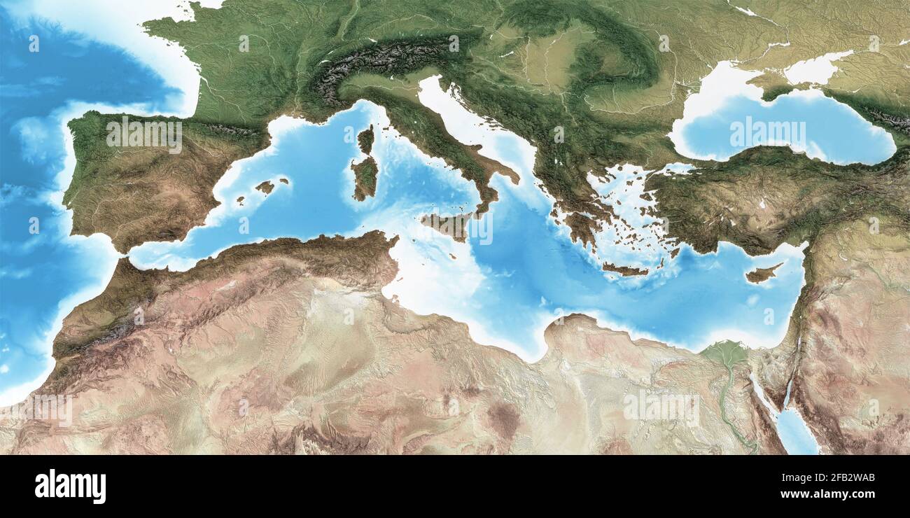 Mappa fisica della regione mediterranea, con dettagli ad alta risoluzione. Vista dal satellite appiattita del pianeta Terra - elementi forniti dalla NASA Foto Stock