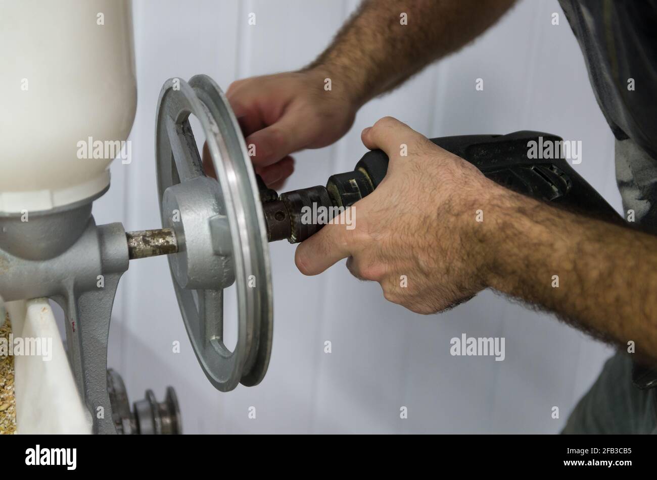 Homebrewer che imposta un mulino di malto per macinare con l'aiuto di un trapano. Foto Stock