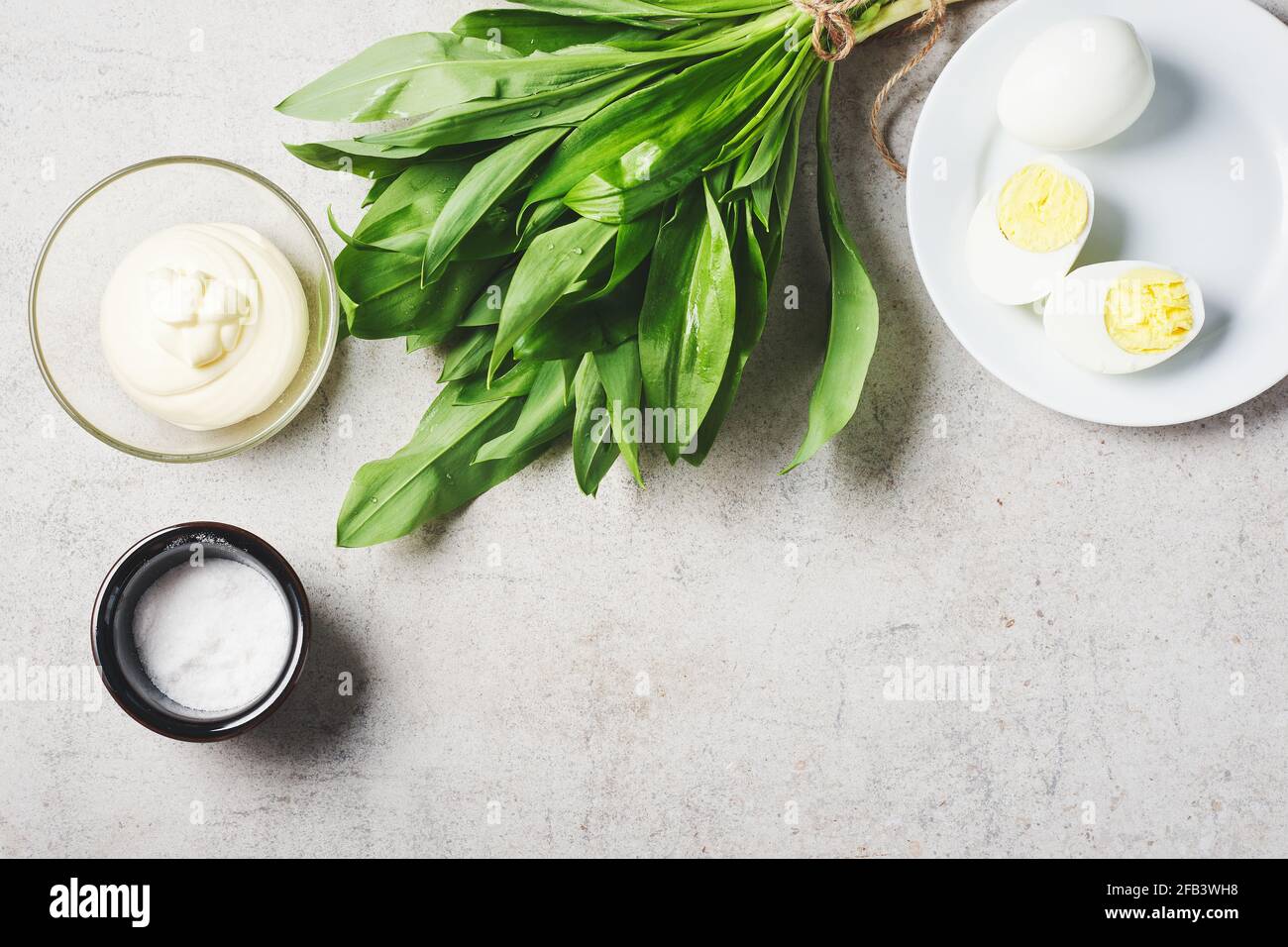 Mazzo di ramson fresco (aglio selvatico), salsa maionese, uova. Ingredienti per un'insalata o un antipasto. Foto Stock