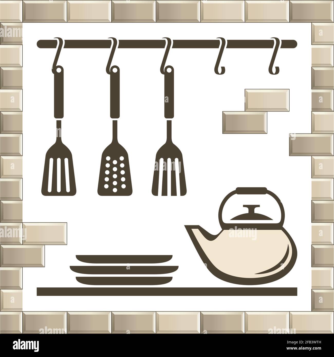 Serie vettoriale d'epoca di simboli di attrezzature da cucina isolati su bianco. Silhouette grafiche a fumetti piatti di tisane, bollitore, cucchiaio, icone di piatti in bri Illustrazione Vettoriale