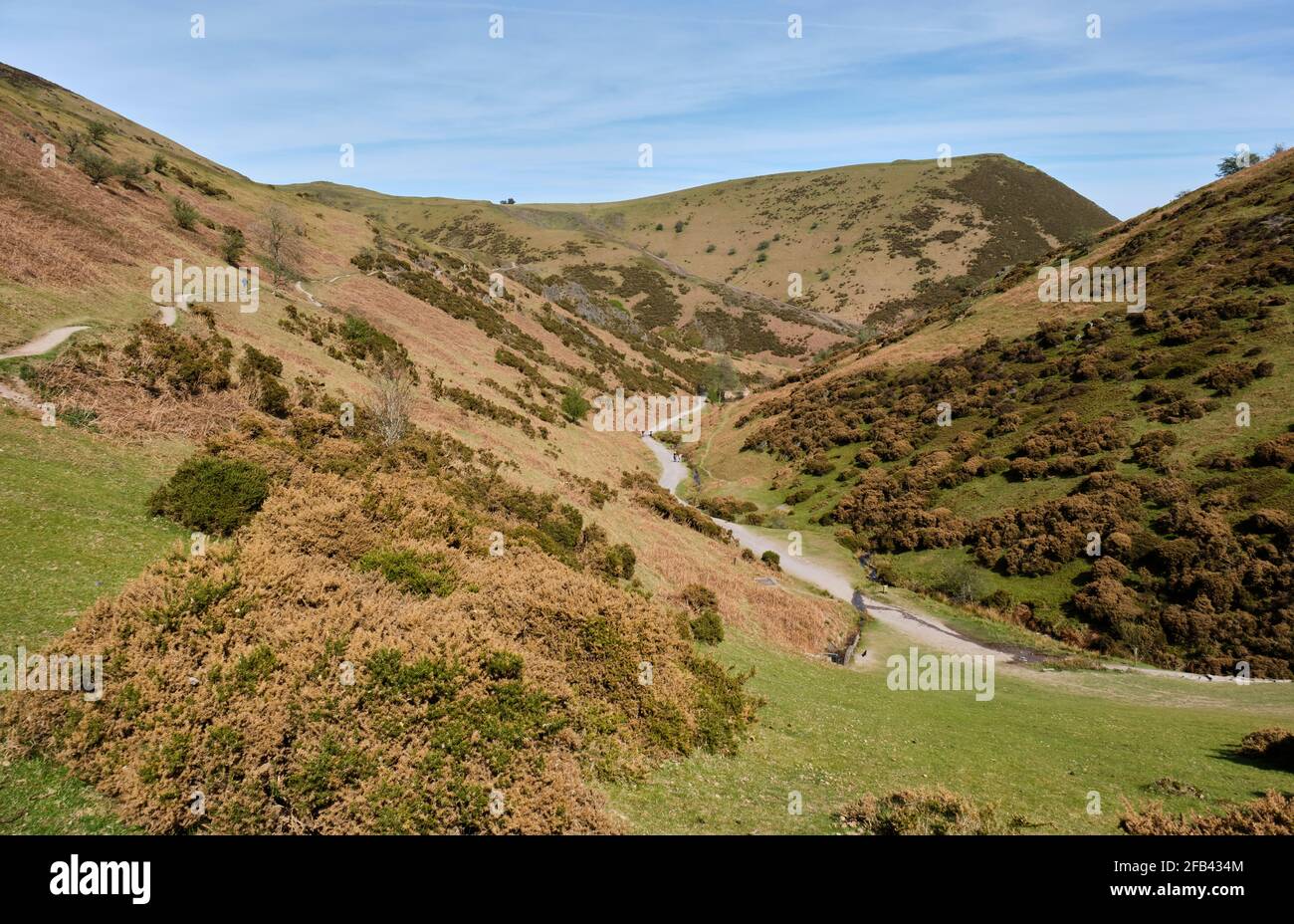 Guardando lungo New Pool Hollow dal bacino idrico verso Bodbury Hill, vicino a Carding Mill Valley, Church Stretton, Shropshire Foto Stock