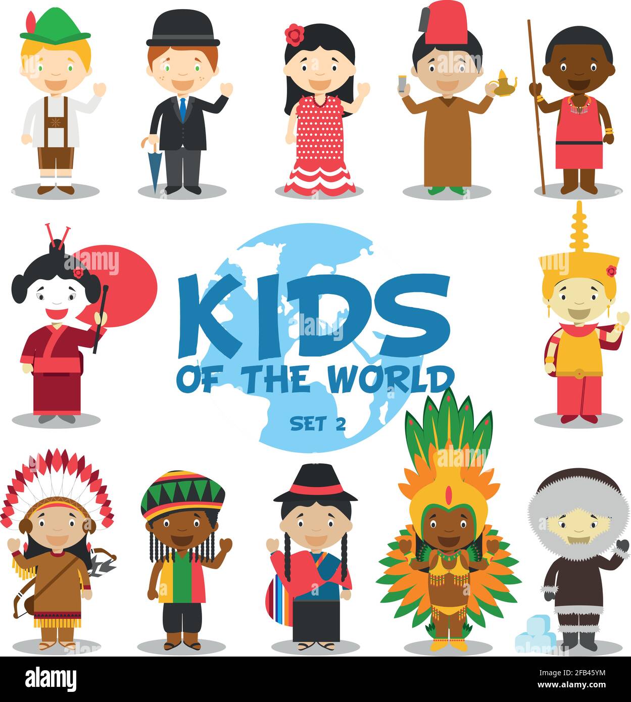 Bambini del mondo illustrazione vettoriale: Nazionalità set 2. Set di 12 personaggi vestiti in diversi costumi nazionali (Germania, Regno Unito, Spagna, Marocco, Illustrazione Vettoriale