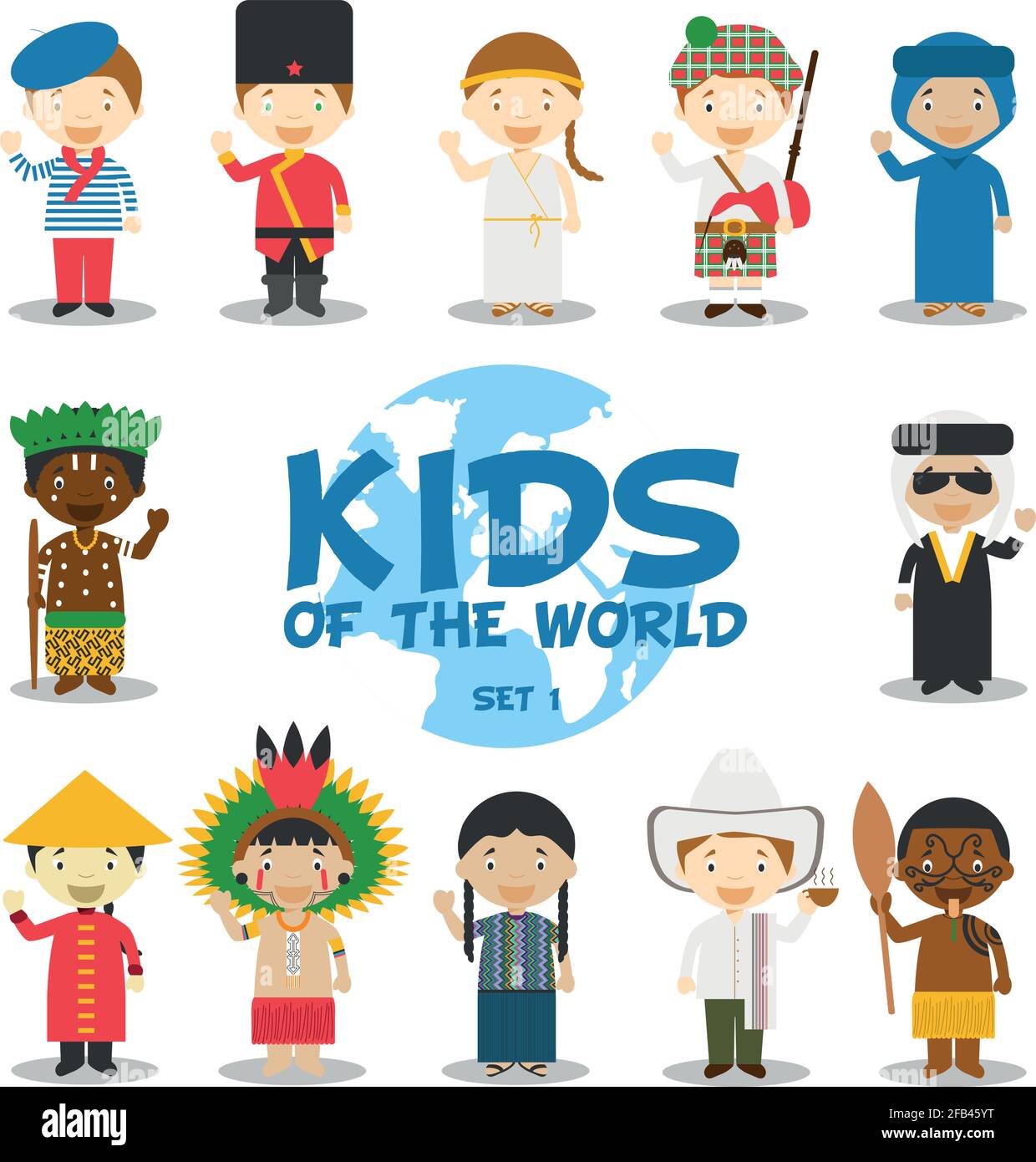 Bambini del mondo illustrazione vettoriale: Set di nazionalità 1. Set di 12 personaggi vestiti in diversi costumi nazionali (Francia, Russia, Grecia, Scotl Illustrazione Vettoriale