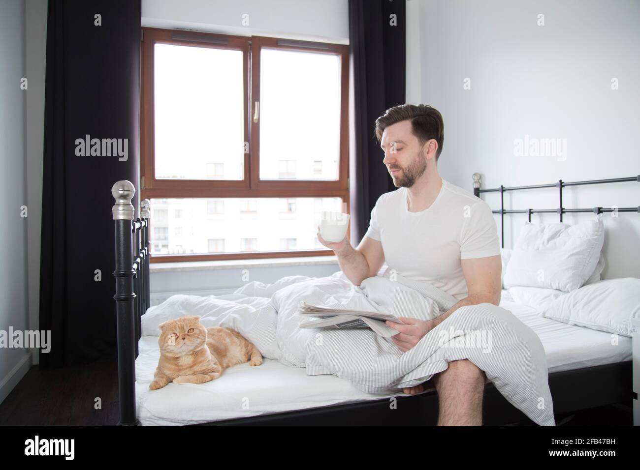 un giovane legge un giornale e beve caffè a letto, vita reale, gatto Foto Stock