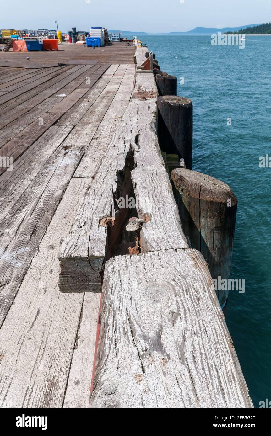 Un'incrinatura nei legno intessuti in un molo al porto di Anacortes ad Anacortes, Washington. Foto Stock