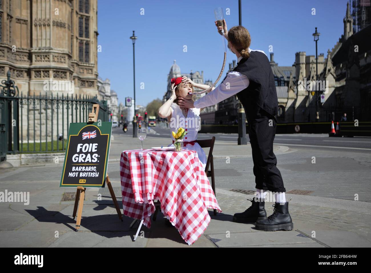 Londra, Regno Unito. 23 Apr 2021. Il giorno di San Giorgio, 23 aprile, un sostenitore del PETA (People for the Ethical Treatment of Animals) in un abito rosso e bianco in stile bandiera inglese si siede a un tavolo da pranzo - sotto il quale un cartello recita "Foie Gras: Barbaro, non britannico" - e si faccia "forzare" la sua cena attraverso un tubo. Lo stesso modo in cui i produttori di foie gras pompano grano negli stomachi di oche terrorizzate e anatre per allargare i loro fegati, un processo che è così non-britannico è illegale nel Regno Unito. Credit: SOPA Images Limited/Alamy Live News Foto Stock