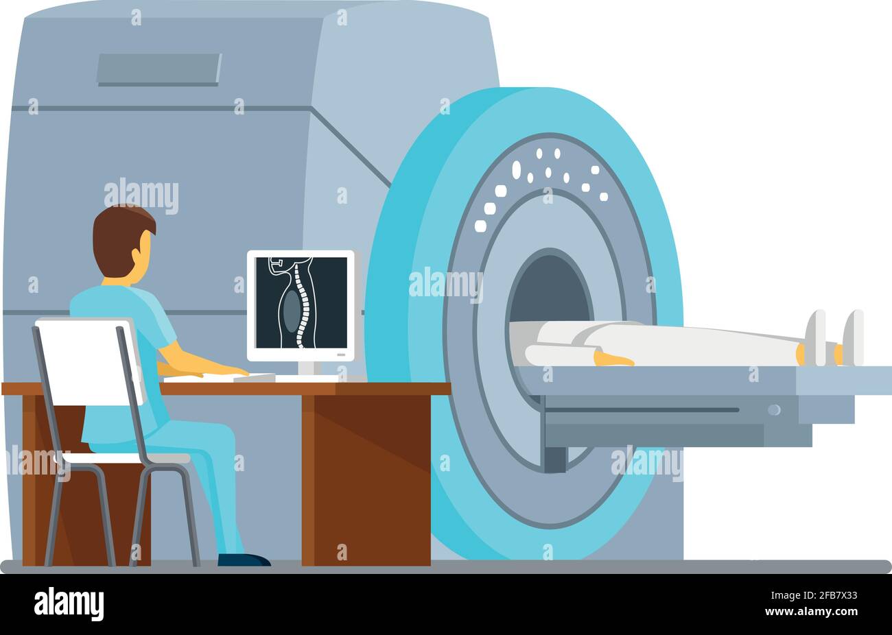 Diagnostica e scansione MRI. Concetto di vettore sanitario e sanitario. Paziente mri diagnostico, rm ospedaliera, tecnologia rm a scansione. Illustrazione vettoriale Illustrazione Vettoriale