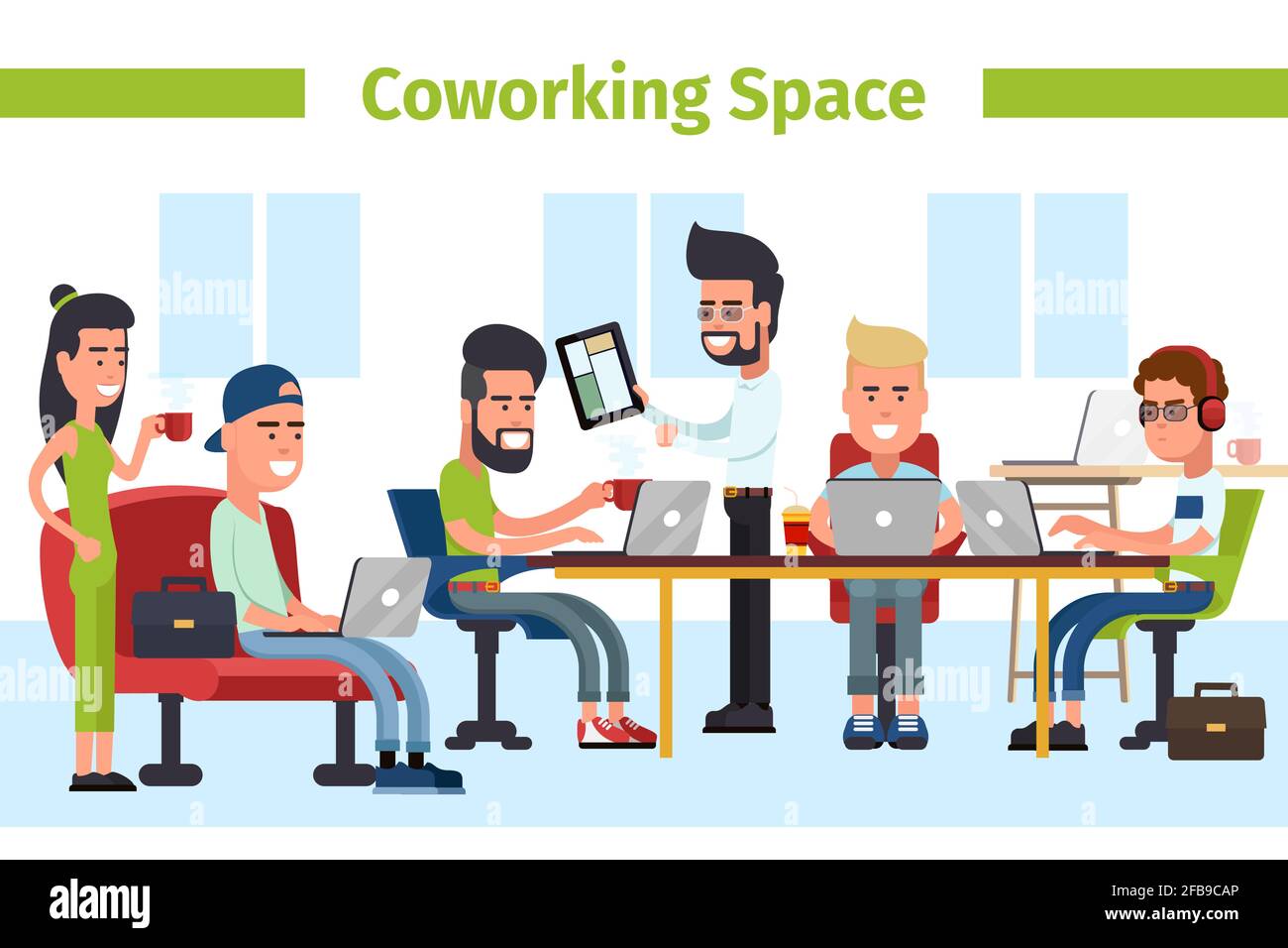 Camera con spazio per i coworking. Centro di coworking per riunioni d'affari, comunicazione con il personale d'ufficio e lavoro di lavoro. Illustrazione vettoriale Illustrazione Vettoriale