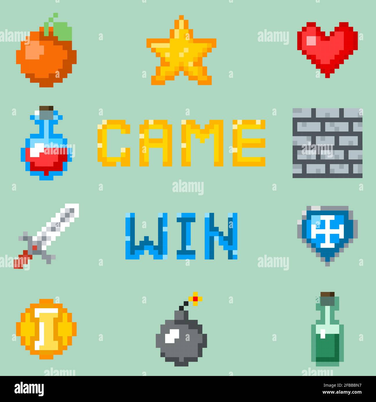 Icone di giochi pixel per Web, app o interfaccia di videogiochi. Oggetto per bottiglia di cuore di gioco e frutta, insieme di oggetti pixel di gioco. Illustrazione vettoriale Illustrazione Vettoriale