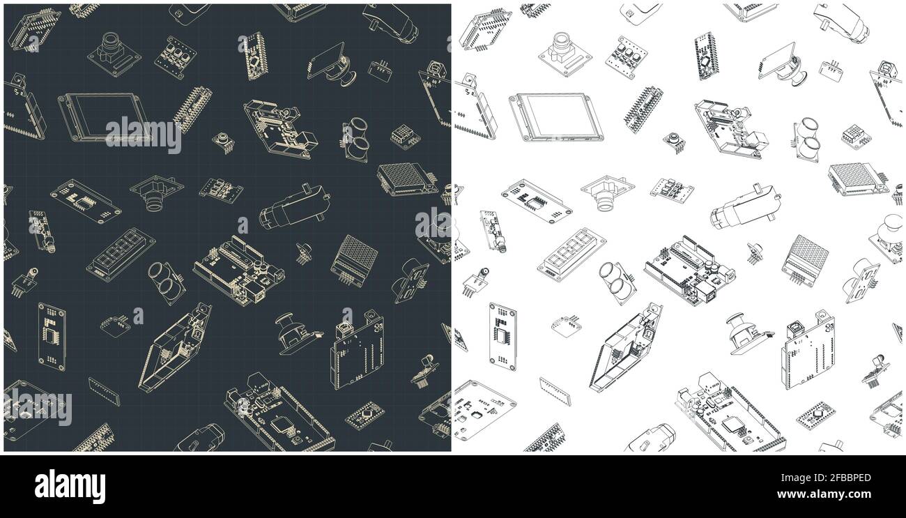 Illustrazione vettoriale stilizzata dei disegni hardware Arduino. Illustrazioni senza giunture in tutte le direzioni, se necessario Illustrazione Vettoriale