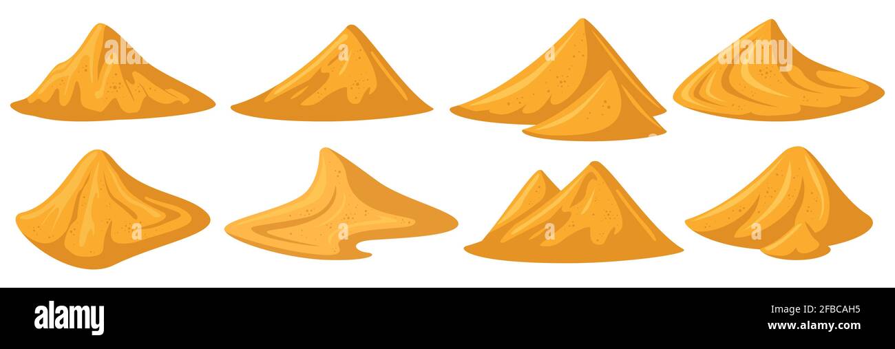 Pali di sabbia. Mucchio sabbioso giallo, mucchi di materiali da costruzione, cumuli di materiali da costruzione sfusi. Set di illustrazioni vettoriali per montaggi sabbiosi Illustrazione Vettoriale