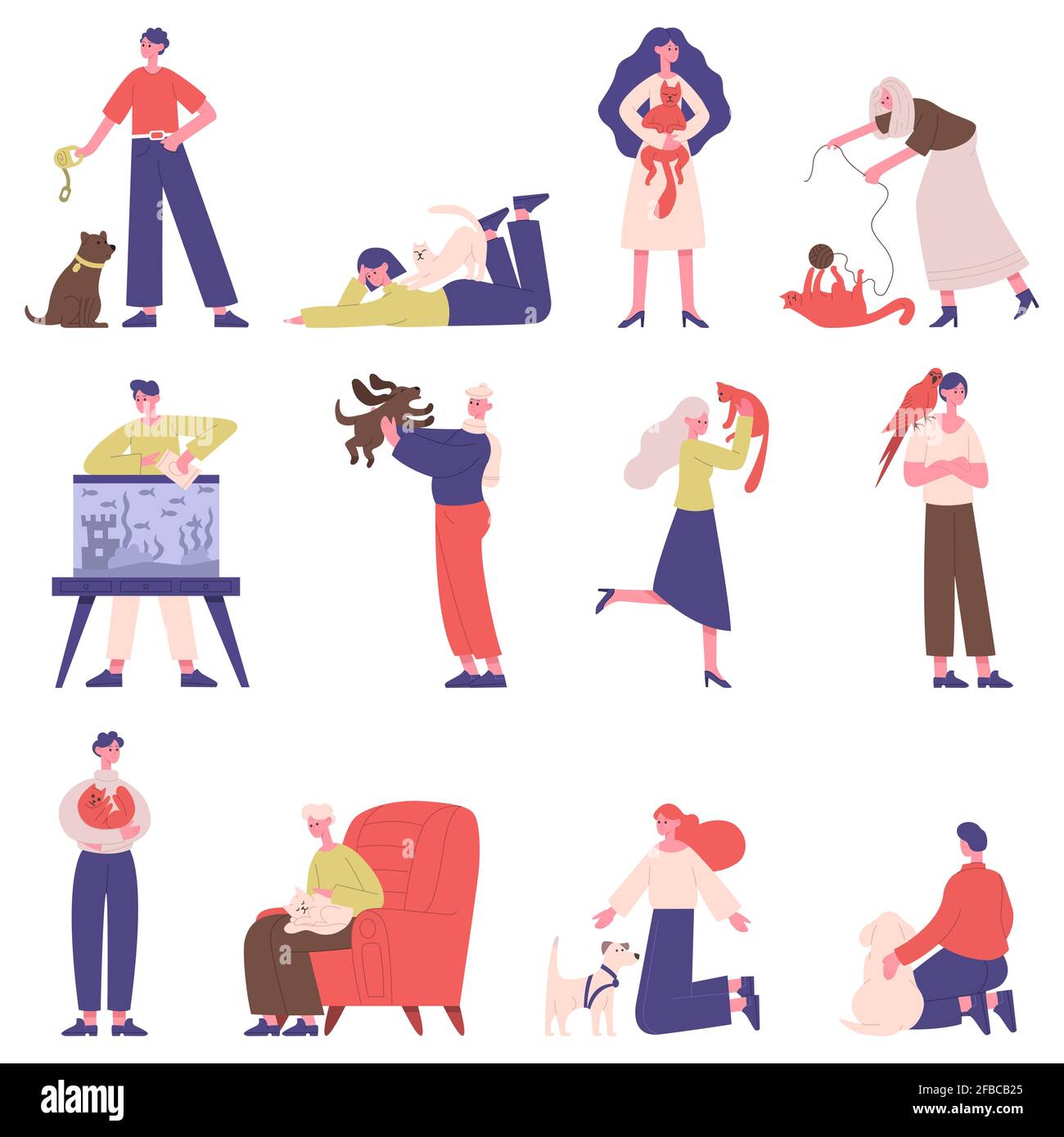 Proprietari di animali domestici. Persone con animali domestici, gatto, cane, pesce e uccello, uomini e donne giocare, camminare e abbracci animali domestici illustrazione insieme vettoriale. Vita quotidiana del proprietario dell'animale domestico Illustrazione Vettoriale
