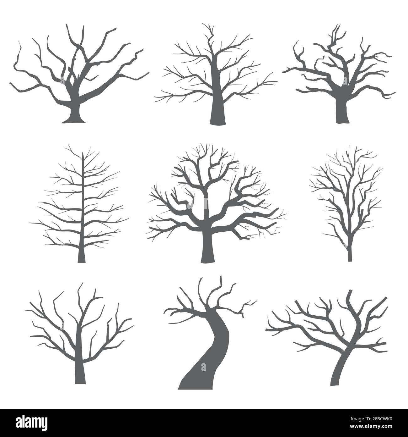 Silhouette albero morto. Colorazione nero spaventoso alberi foresta illustrazione vettoriale. Albero di vecchio di colore naturale di insieme Illustrazione Vettoriale