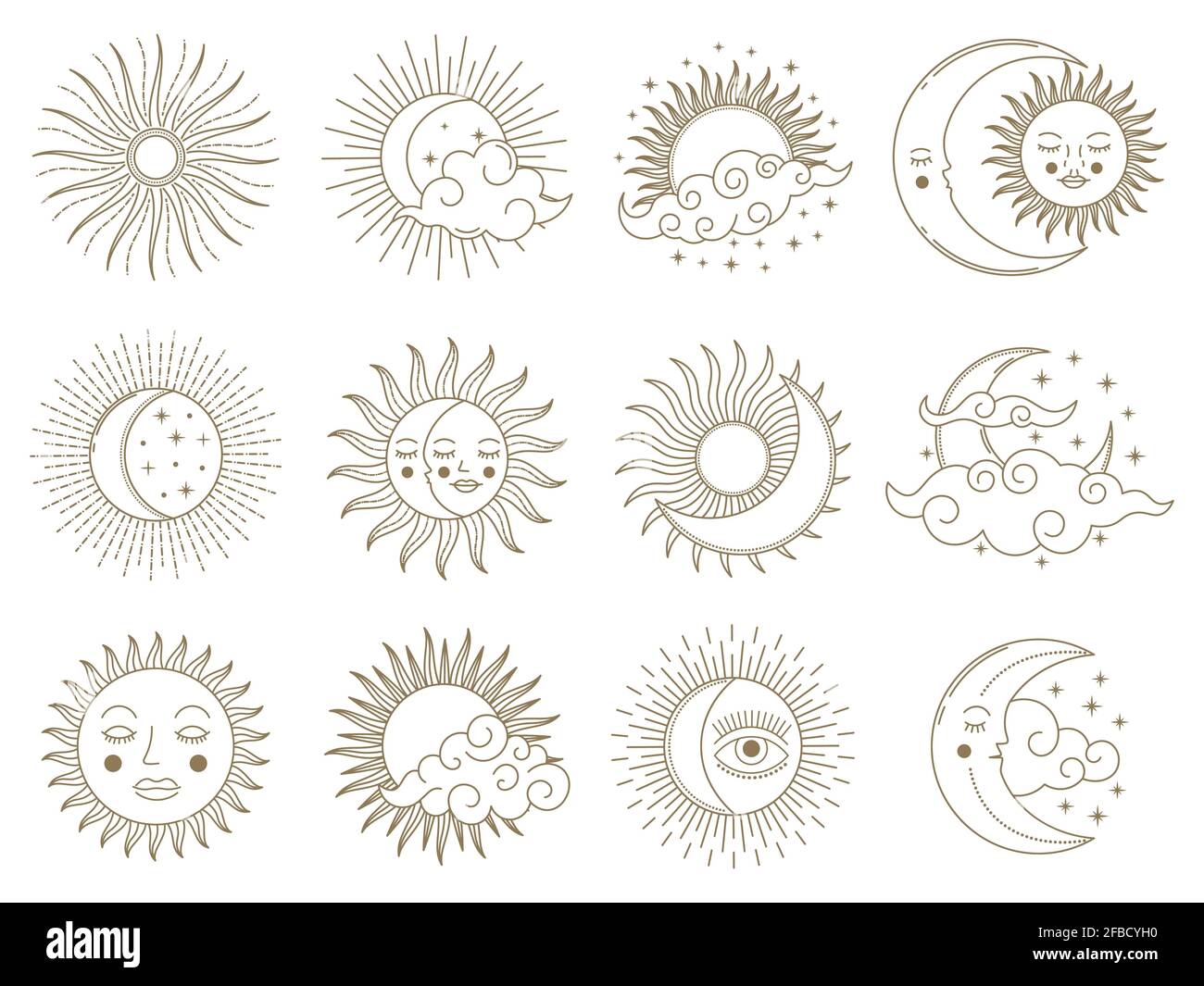 Luna magica e sole. Elementi astrologici del boho d'oro, sole, luna, stelle e nuvole insieme di illustrazioni vettoriali. Simboli mistici di astrologia giorno e notte Illustrazione Vettoriale