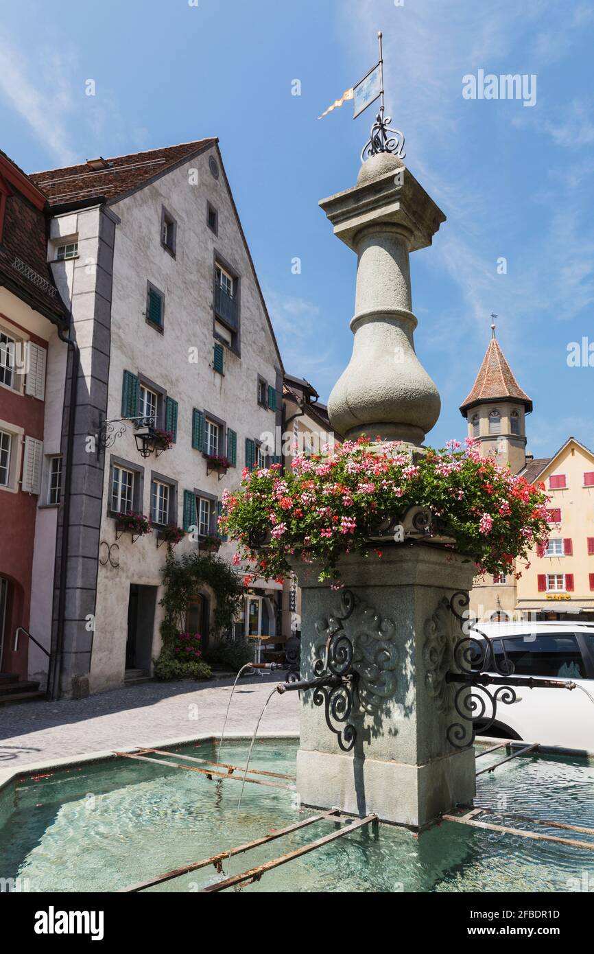 Svizzera, Grigioni, Maienfeld, primo piano di fontana nel villaggio del vino Foto Stock
