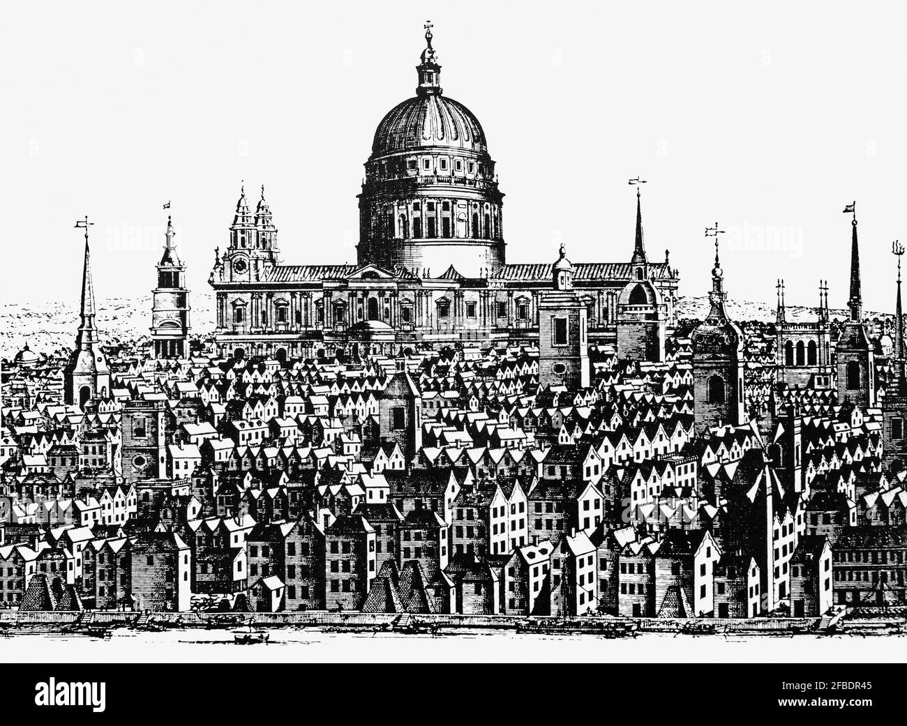 Cattedrale di San Paolo la cattedrale anglicana si trova su Ludgate Hill, nel punto più alto della città di Londra, Inghilterra. L'attuale cattedrale, risalente alla fine del XVII secolo, è stata progettata in stile barocco inglese da Sir Christopher Wren. La sua costruzione, completata nella vita di Wren, faceva parte di un importante programma di ricostruzione della città dopo il Grande incendio di Londra. La prima cattedrale gotica (la vecchia cattedrale di San Paolo), in gran parte distrutta dal Grande incendio, era un punto centrale per la Londra medievale e la Londra moderna. Foto Stock