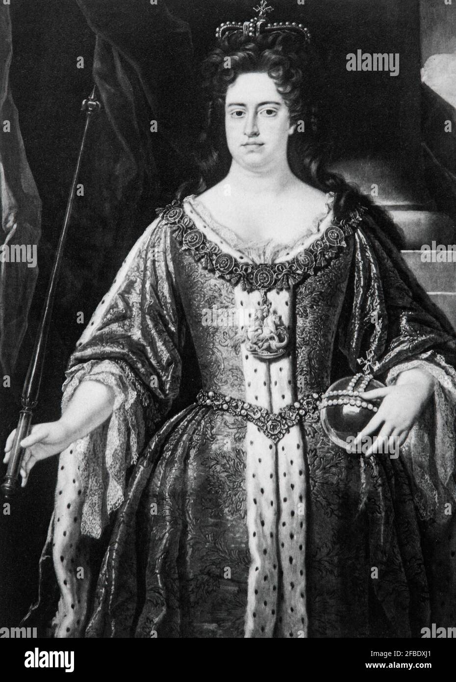 Ritratto di John Closterman della regina Anna (1665-1714), monarca d'Inghilterra, Scozia e Irlanda tra l'8 marzo 1702 e il 1° maggio 1707. Il 1° maggio 1707, sotto gli atti dell'Unione, i regni di Inghilterra e Scozia si unirono come un unico stato sovrano conosciuto come Gran Bretagna. Continuò a regnare come Regina di Gran Bretagna e Irlanda fino alla sua morte nel 1714. Foto Stock