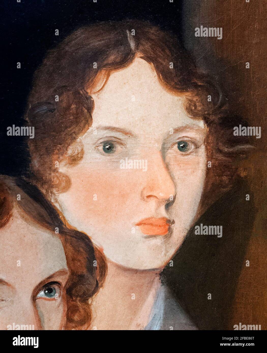 Emily Bronte (1818-1848), particolare del ritratto di gruppo delle tre sorelle da parte del fratello Patrick Branwell Brontë, olio su tela, intorno al 1834 Foto Stock