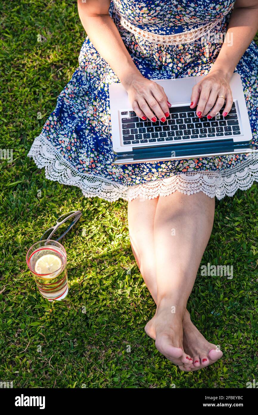 Donna mid adult che usa il laptop mentre si siede sull'erba durante giorno di sole Foto Stock