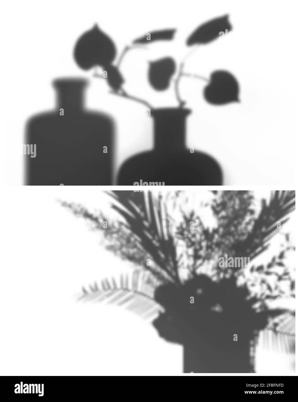 Due realistiche illustrazioni vettoriali di ombre morbide da Ikebana e. vaso con foglie Illustrazione Vettoriale