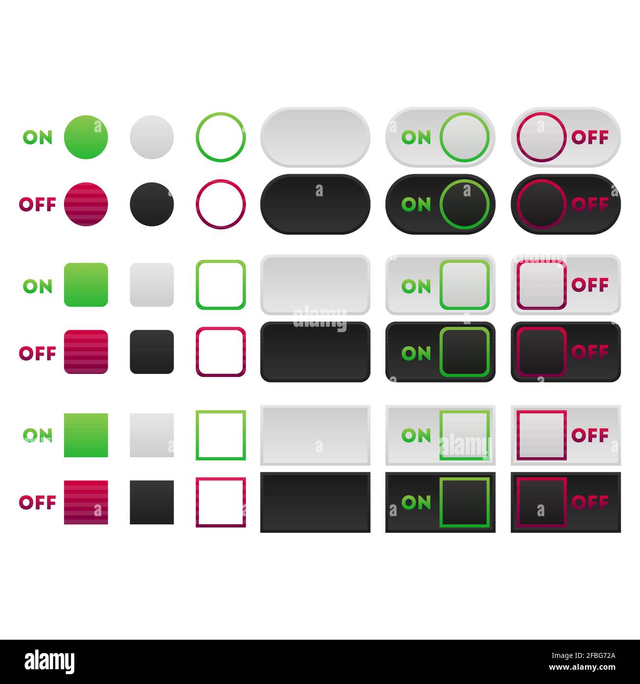 Icona Imposta il pulsante multicolore in stile piatto. Illustrazione vettoriale isolata facilmente modificabile. Illustrazione Vettoriale