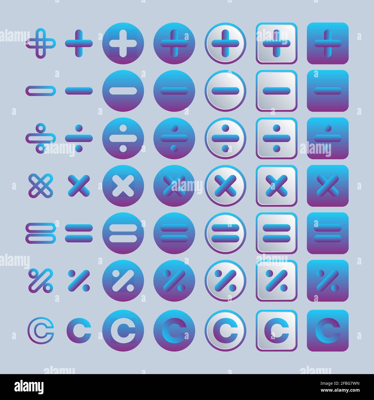 Set di simboli e simboli dei pulsanti della calcolatrice per le applicazioni. Distintivi vettoriali colorati per il design. Illustrazione Vettoriale
