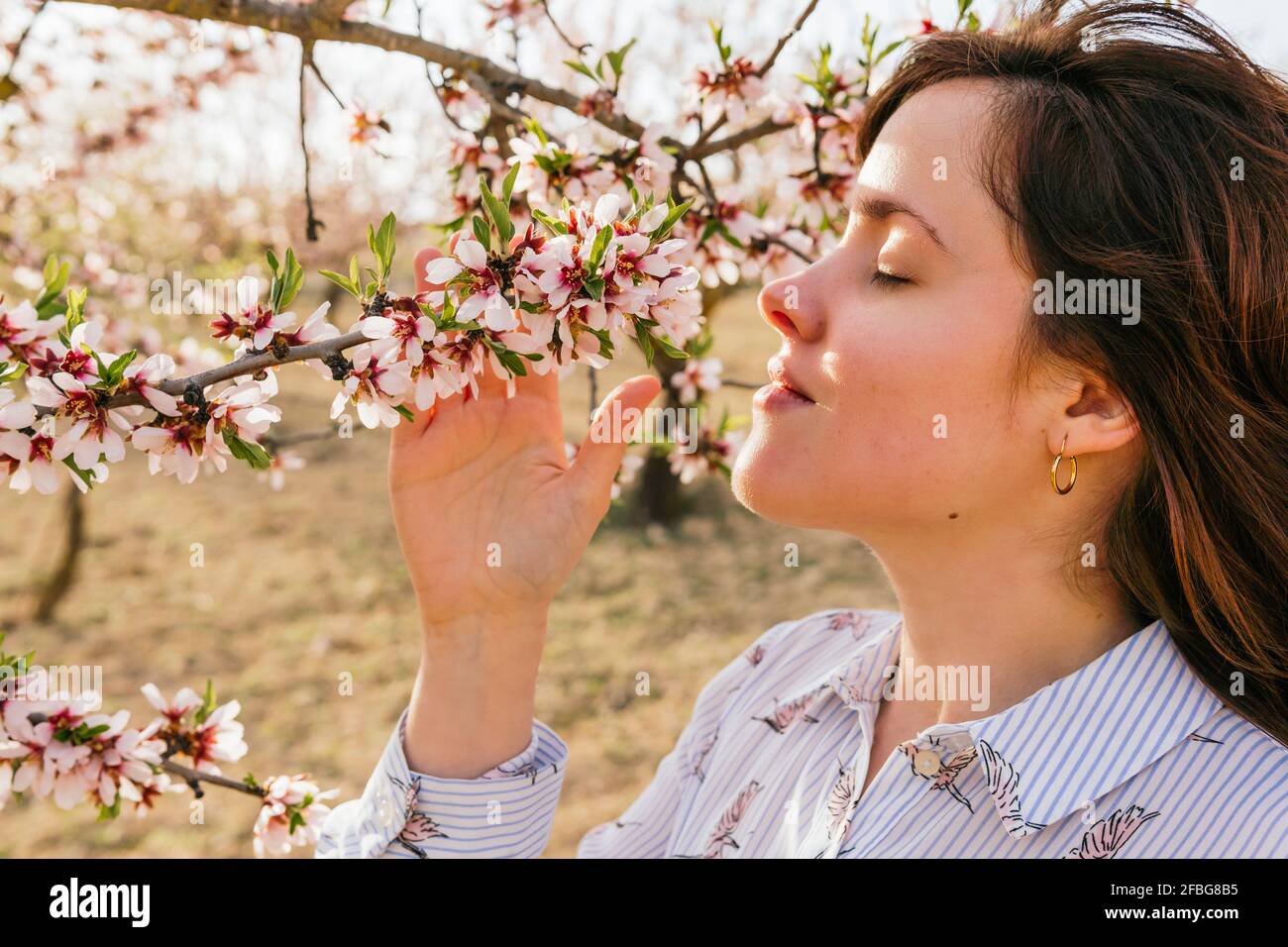 Bella donna che odora fiori di mandorla Foto Stock